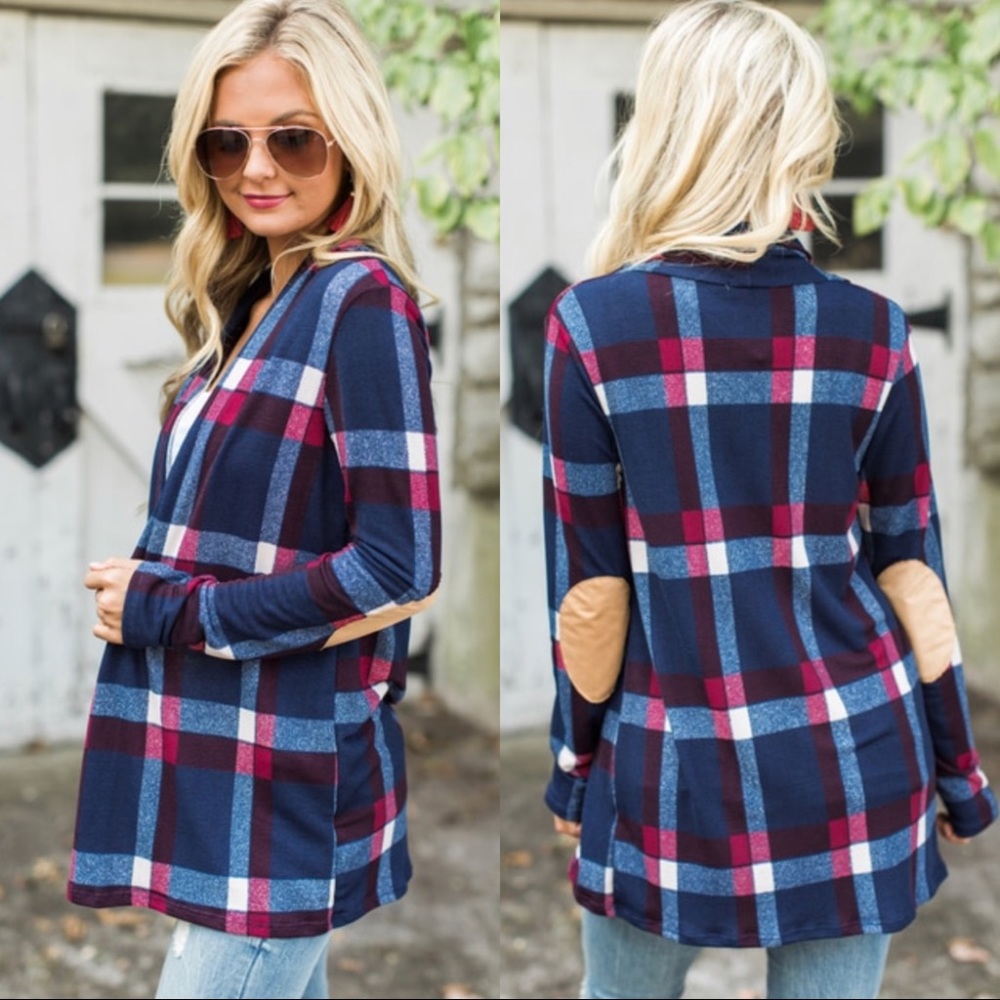 AMY BLUE PLAID ELBOW PATCH CARDIGAN LONG SLEEVE - Picture 2 of 2
